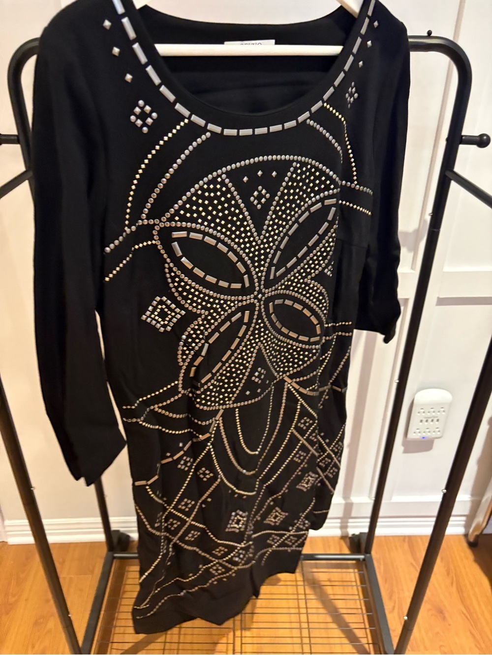 Black Embellished Studded Mini Dress with Geometric Motif